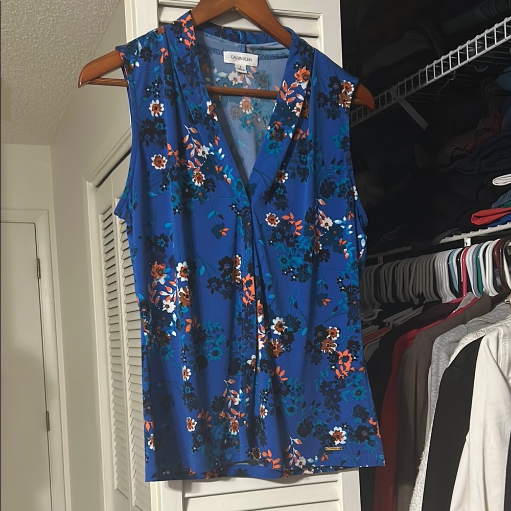 Calvin Klein Blue Sleeveless Floral Blouse